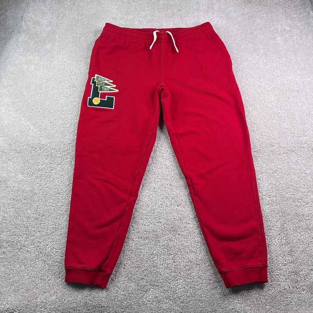 Lacoste Pants Mens Large Red Pennants Badge Fleece Joggers Tapered Fit Preppy